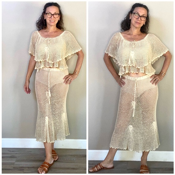 Vintage Dresses & Skirts - Amazing vintage 70s handmade crochet cream skirt and top set beach size …